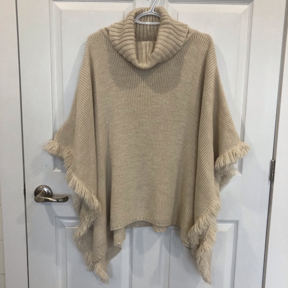 Cocogio poncho rib knit with fringe detail wool alpaca blend cowl neck. OS